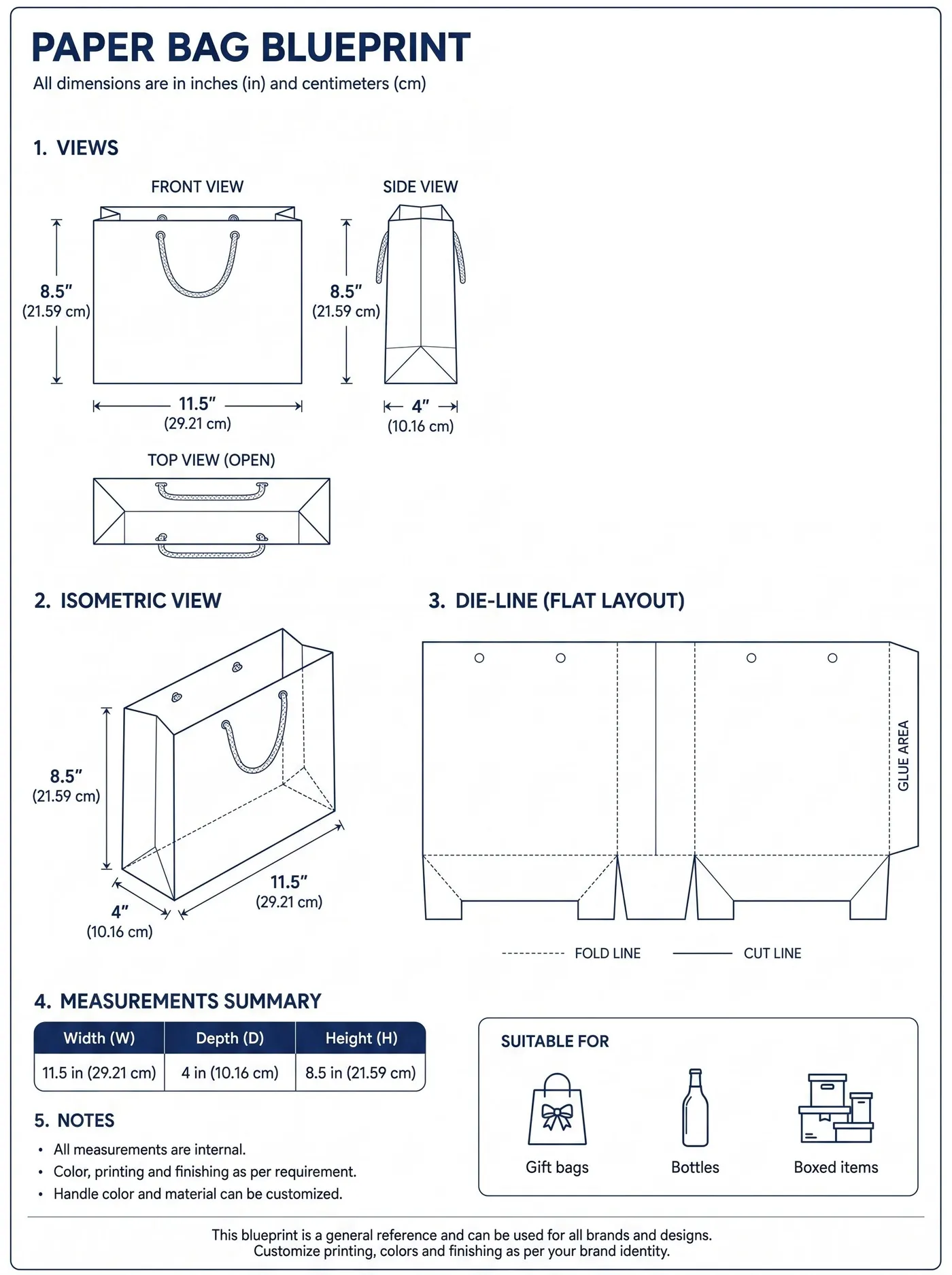 Technical specification drawing for the 11.5" × 4" × 8.5" paper bag, showing front, side and isometric views with the flat die-line
