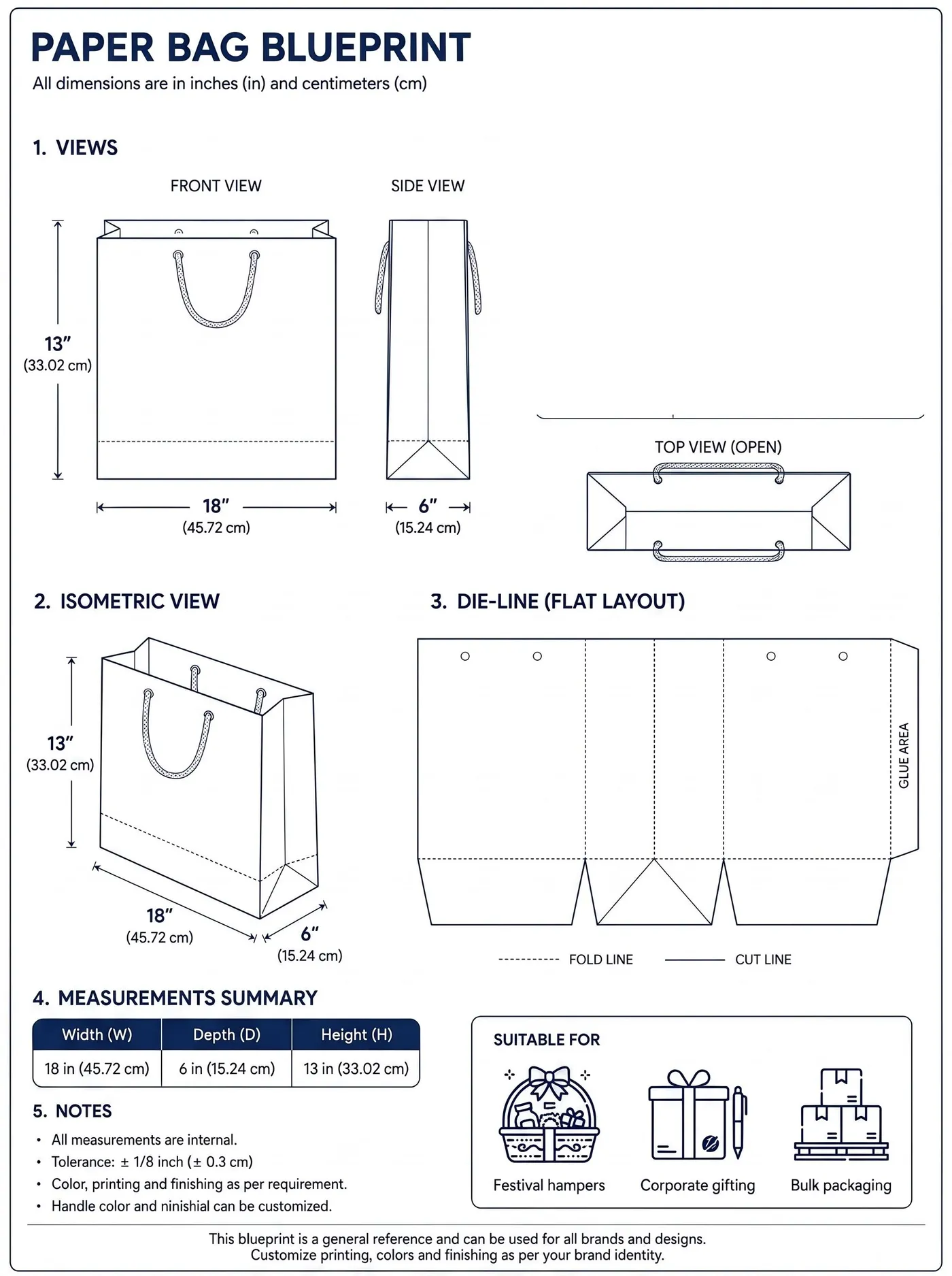 Technical specification drawing for the 18" × 6" × 13" paper bag, showing front, side and isometric views with the flat die-line