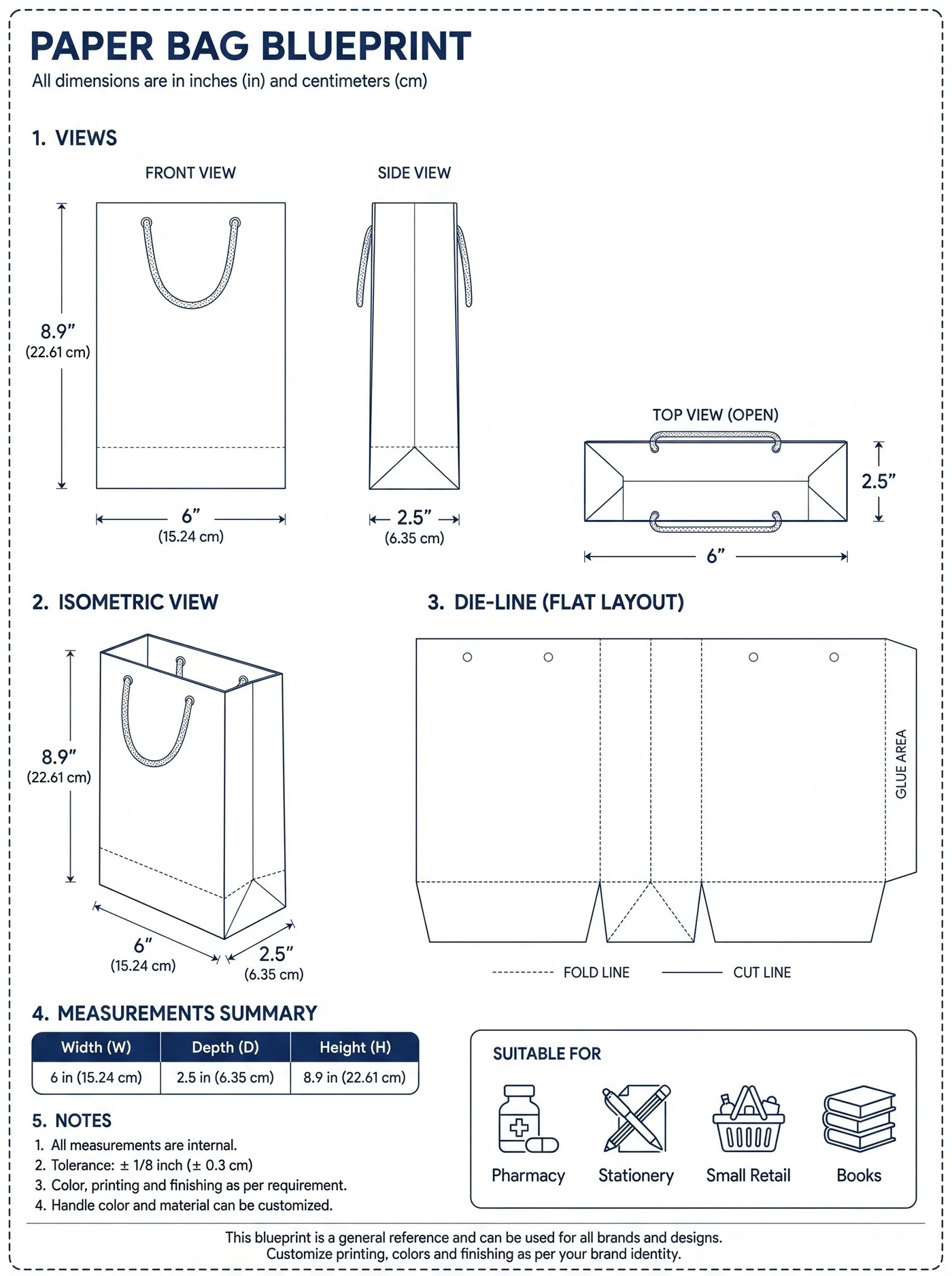 Technical specification drawing for the 6" × 2.5" × 8.9" paper bag, showing front, side and isometric views with the flat die-line