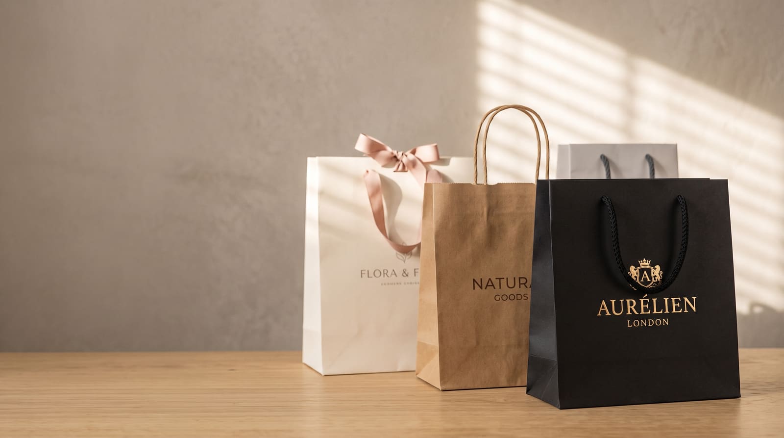Kraft, cream, and black printed paper shopping bags with rope and ribbon handles on a wooden table
